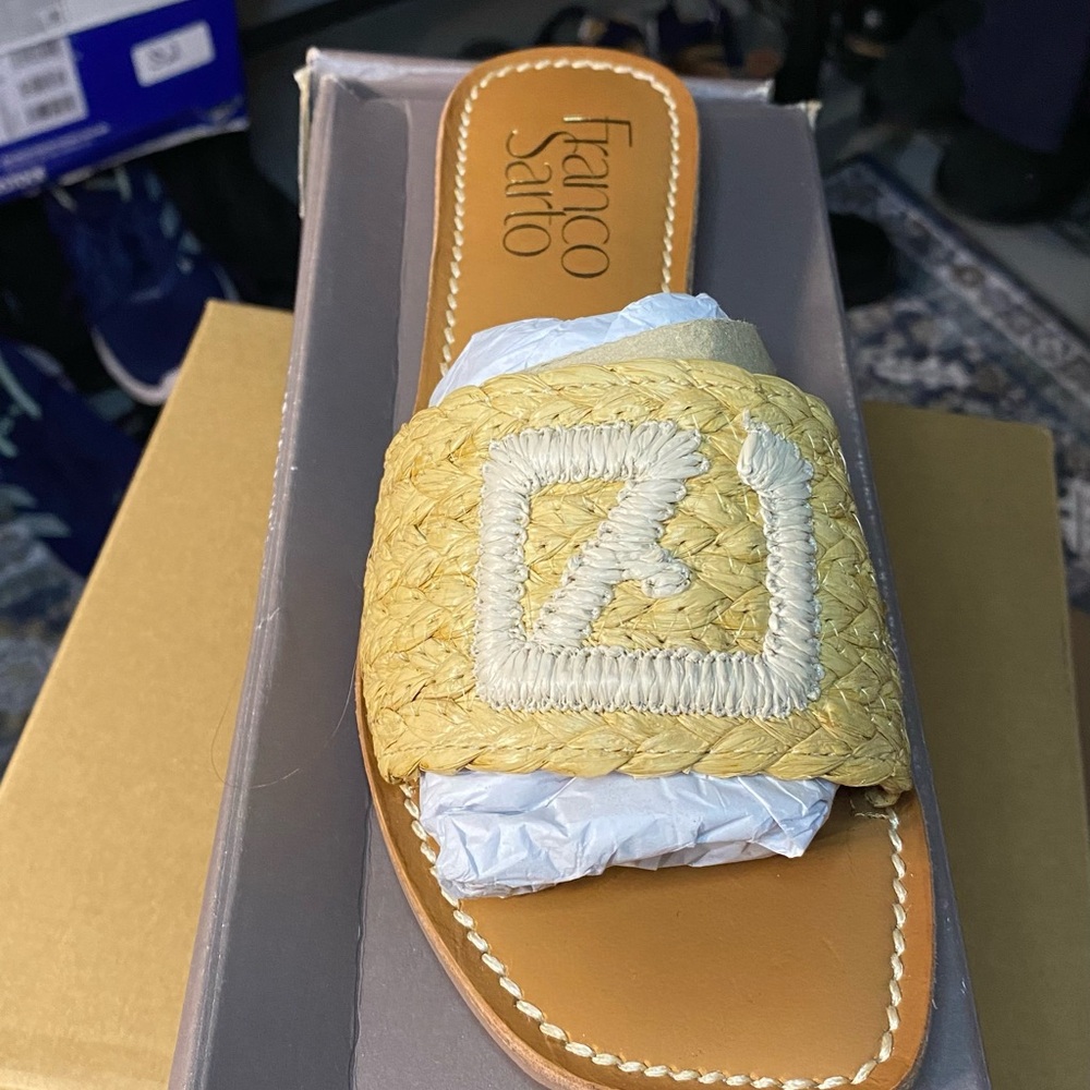 Franco Sarto Yellow and Tan Woven Slide Sandals